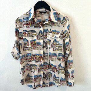 Karl Lagerfeld Whimsical Safari Style Button Down Shirt Paris Roll Tab Colorful